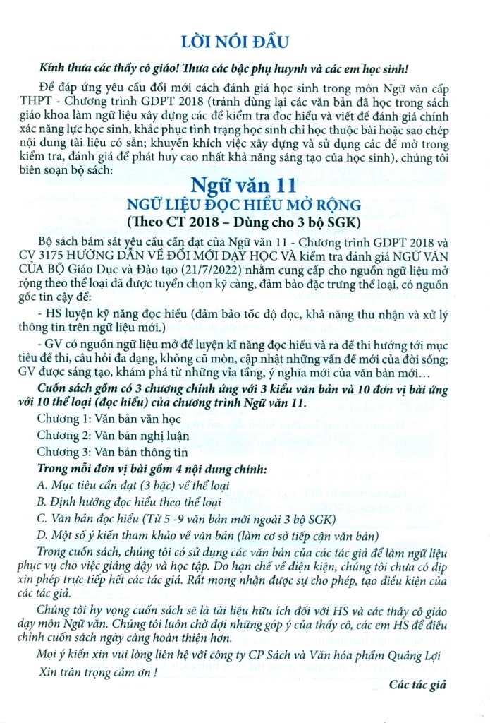 NGỮ VĂN 11 - NGỮ LIỆU ĐỌC HIỂU MỞ RỘNG (Dùng cho học sinh, Giáo viên dạy - học 3 bộ SGK Chương trình 2018)